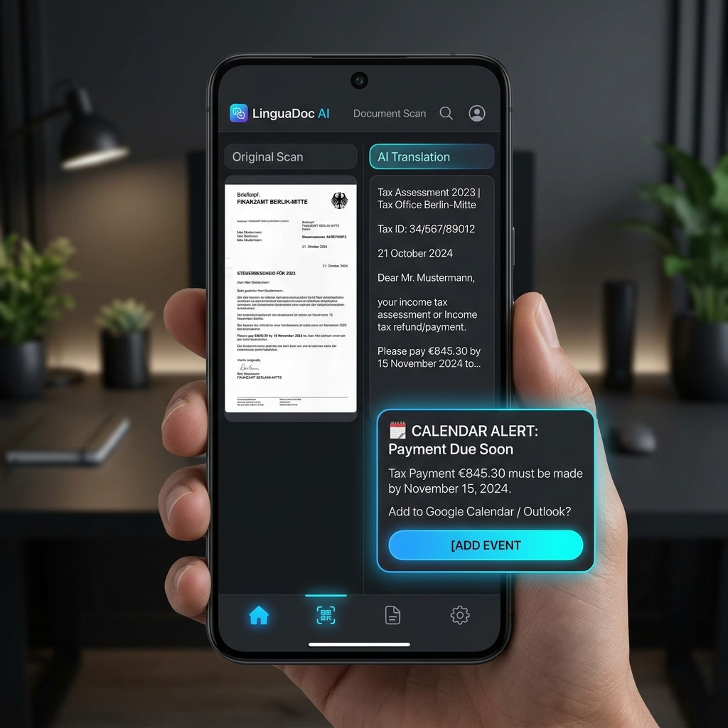 Nodexi UI Mockup showing letter translation and calendar sync